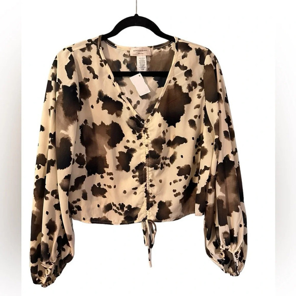 Saints and Hearts Ruched Mesh Long Sleeve Top Cream and Brown Size Large NWT - Picture 1 of 3